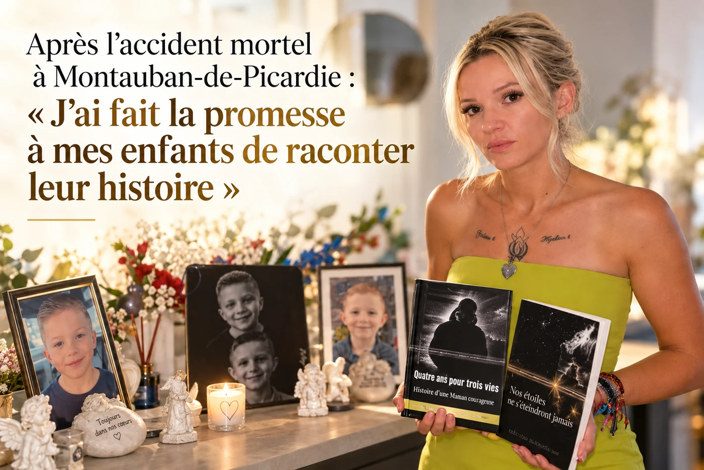 Angéline présentant les livres consacrés à l’histoire de ses enfants